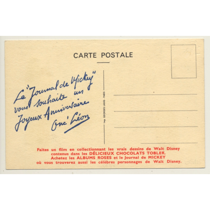 Walt Disney / Tobler: Mickey Mouse & Journal Stamp (Vintage French PC 1950s)