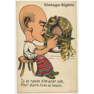 French Hairdresser Cartoon / Wig - Bold (Vintage PC 1910s/1920s)