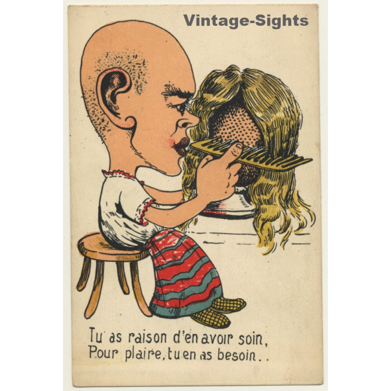 French Hairdresser Cartoon / Wig - Bold (Vintage PC 1910s/1920s)