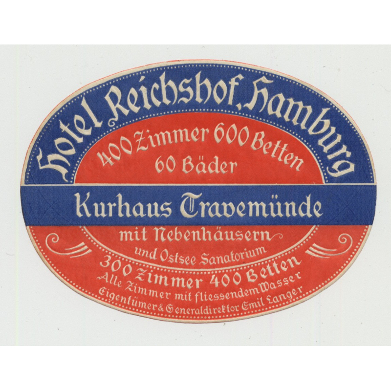 Hotel Reichshof Hamburg - Kurhaus Travemünde / Germany (Vintage Luggage Label)