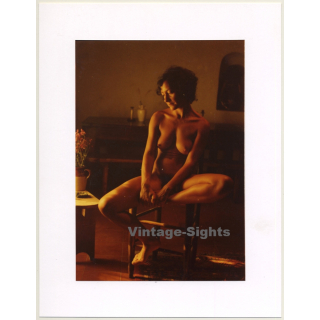 R.Folco: Natural Brunette Nude On Chair (Vintage Photo France 1980s)