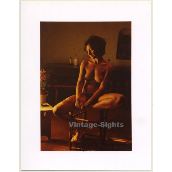 R.Folco: Natural Brunette Nude On Chair (Vintage Photo France 1980s)