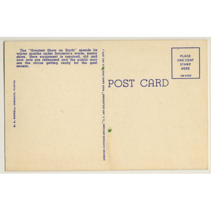 Elephant & Clown / Ringling Bros, Barnum & Bailey Winter Quarters (Vintage Linen PC 1940s)