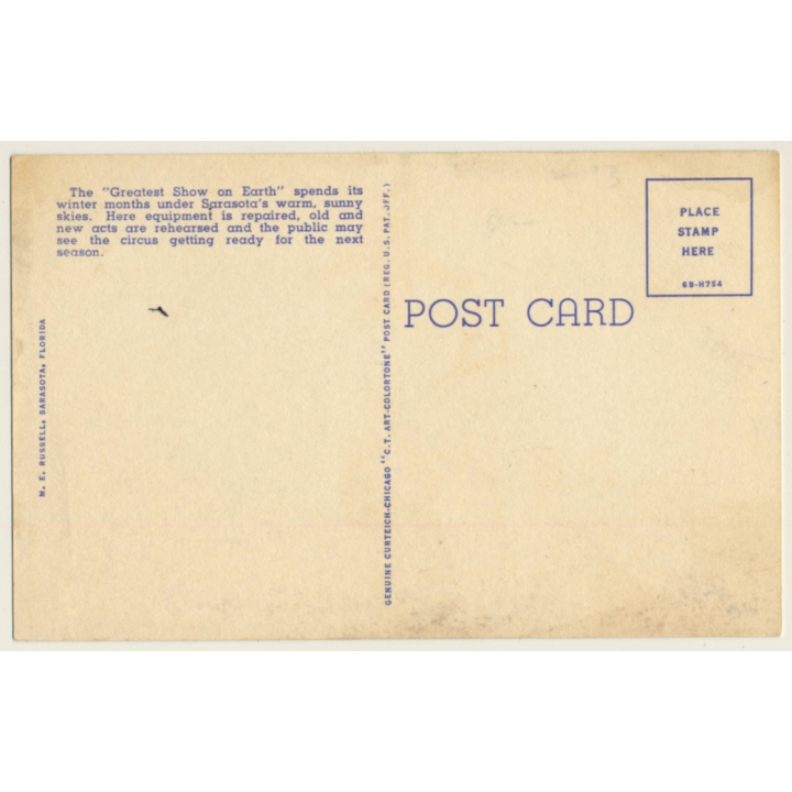 Elephant & Artists / Ringling Bros, Barnum & Bailey Winter Quarters (Vintage PC 1940s)