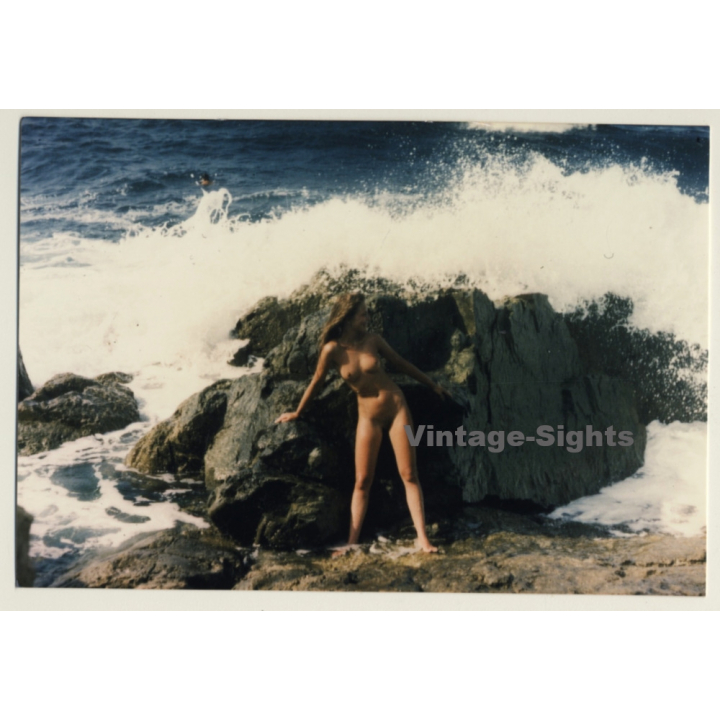 Nude Woman Leaning Against Rocks / Surf - Waves (Vintage Photo ~1980s)