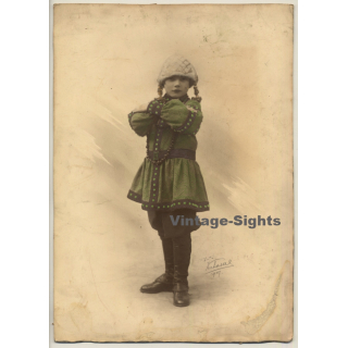 Studio Verhassel: Girl W. Pigtails - Green Costume - Leather Boots (Vintage Photo 1927)
