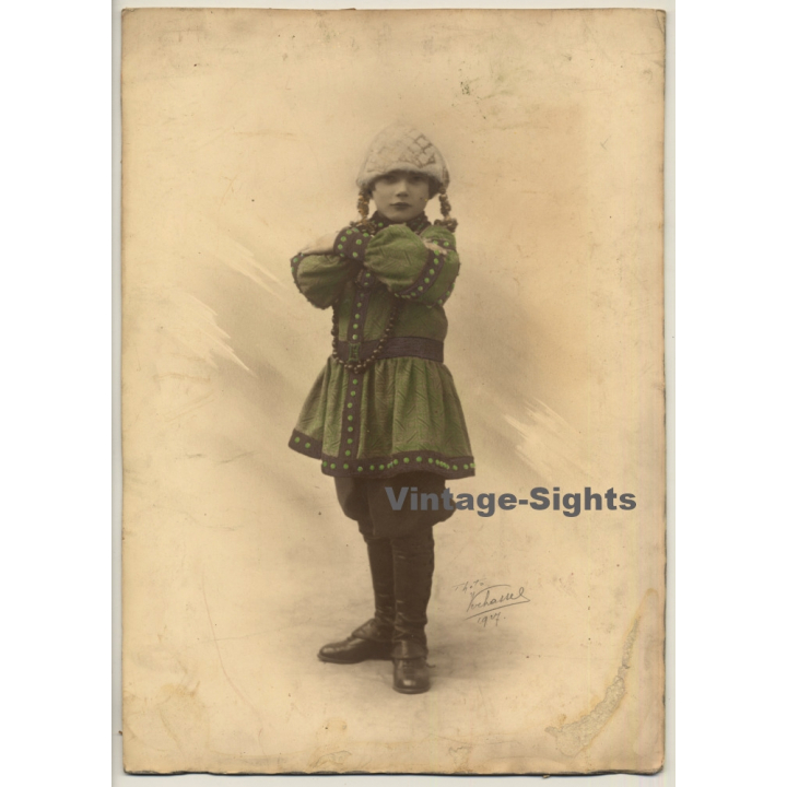 Studio Verhassel: Girl W. Pigtails - Green Costume - Leather Boots (Vintage Photo 1927)