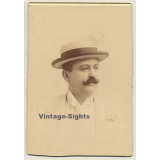 Numa Blanc Fils / Cannes: Portrait Of Elegant Man With Straw Hat / Moustache (Vintage Cabinet Card ~1880s)