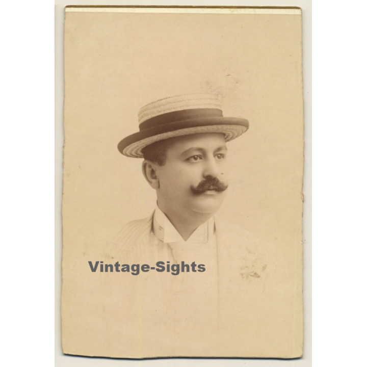 Numa Blanc Fils / Cannes: Portrait Of Elegant Man With Straw Hat / Moustache (Vintage Cabinet Card ~1880s)