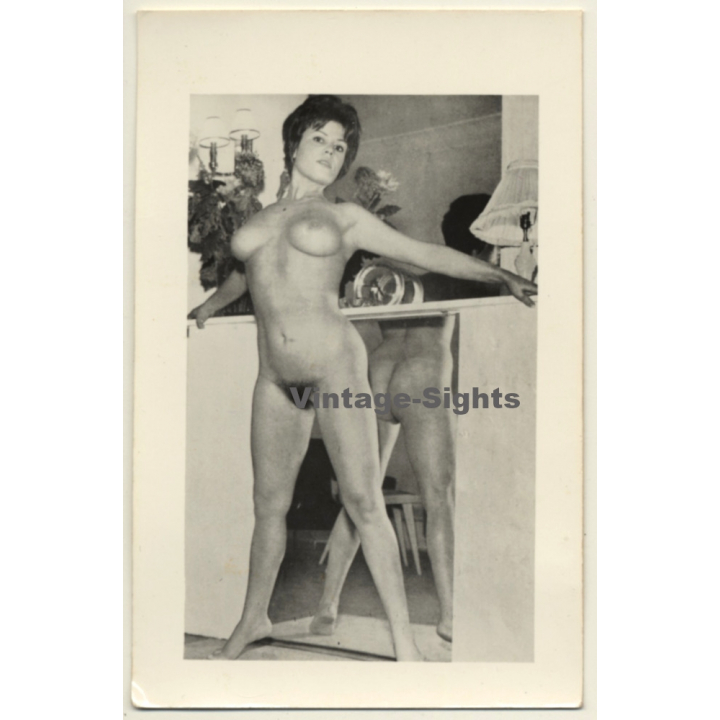 Nude Brunette In Front Of Mirror / Butt Reflection (2nd Gen. Photo ~1960s)