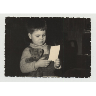 Little Boy Holds On To His Teddy Bear / Dungarees (Vintage Photo 1968)