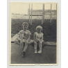 2 Blonde Sisters & Teddy Bear Sit On Wall (Vintage Photo 1931)