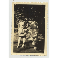 Baby & Teddy Bear Out In Garden: Who's Bigger? (Vintage Photo ~1940s/50s)