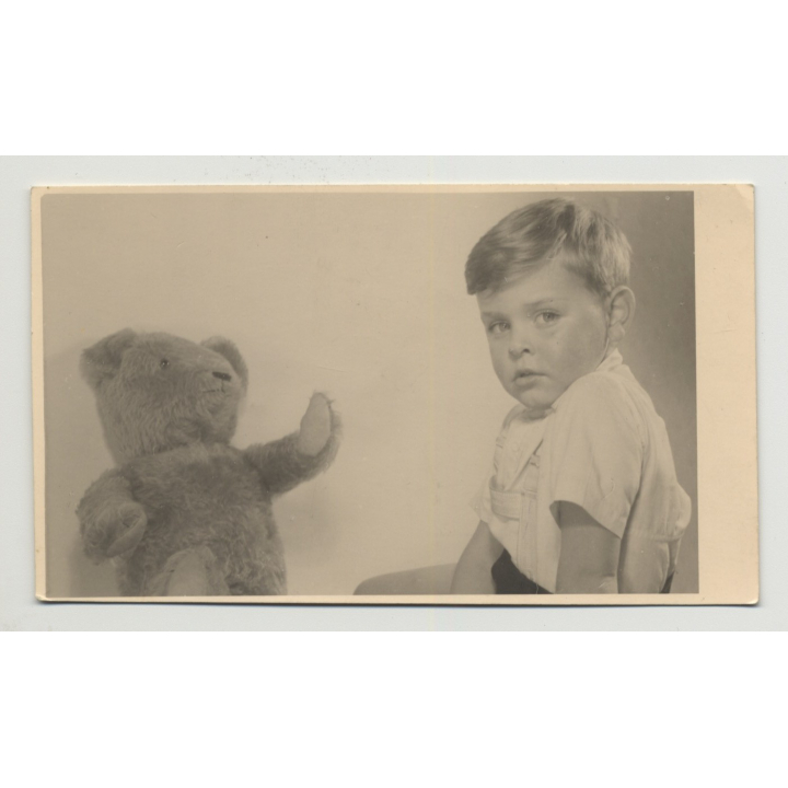Portrait Of Baby Boy & His Teddy Bear (Vintage Photo Germany 1950s)