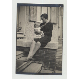 Adult Woman Admires Her Beloved Teddy Bear (Vintage Photo 1920s/30s)