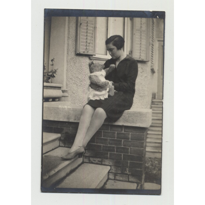 Adult Woman Admires Her Beloved Teddy Bear (Vintage Photo 1920s/30s)