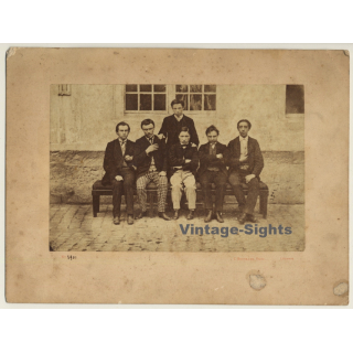 C. Bretagne / Louvain: Group Of Men On Bench (Vintage Albumen Print 1880s/1890s)