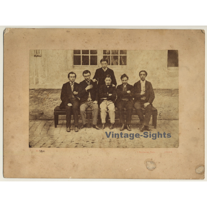 C. Bretagne / Louvain: Group Of Men On Bench (Vintage Albumen Print 1880s/1890s)
