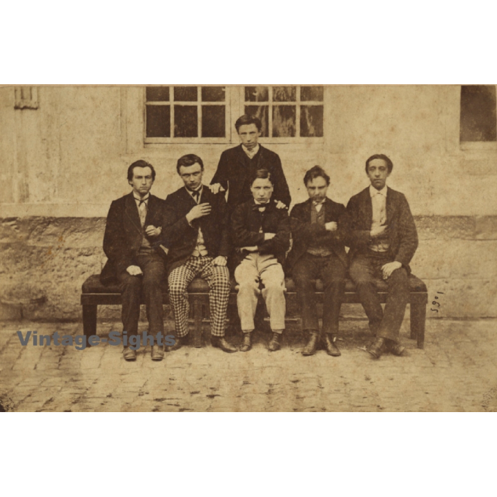 C. Bretagne / Louvain: Group Of Men On Bench (Vintage Albumen Print 1880s/1890s)