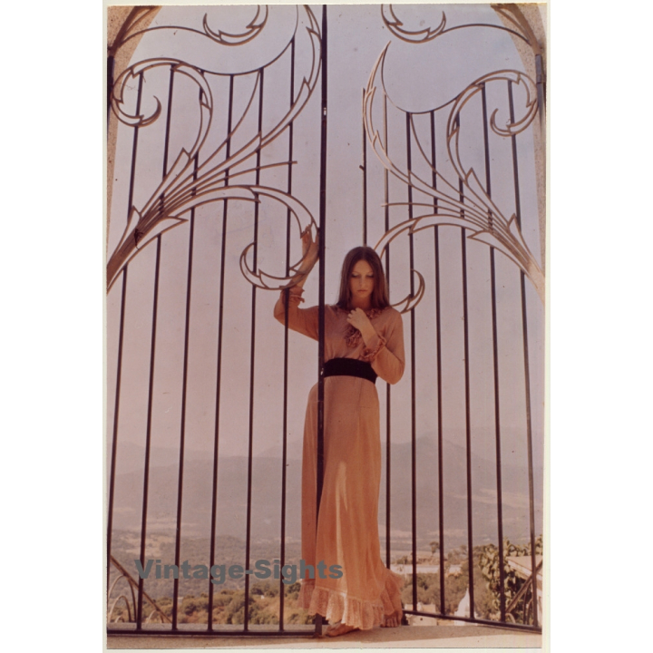 Slim Woman In Long Dress At Gate Of Finca (Large Vintage Photo WOLFGANG KLEIN 1970s)