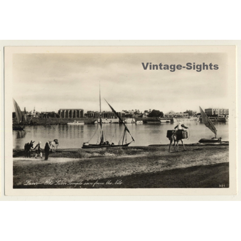 Lehnert & Landrock 301: Luxor Temple Seen From The Nile / Donkey (Vintage RPPC ~1920s)