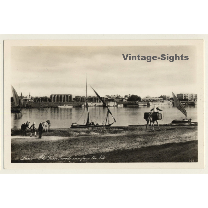 Lehnert & Landrock 301: Luxor Temple Seen From The Nile / Donkey (Vintage RPPC ~1920s)
