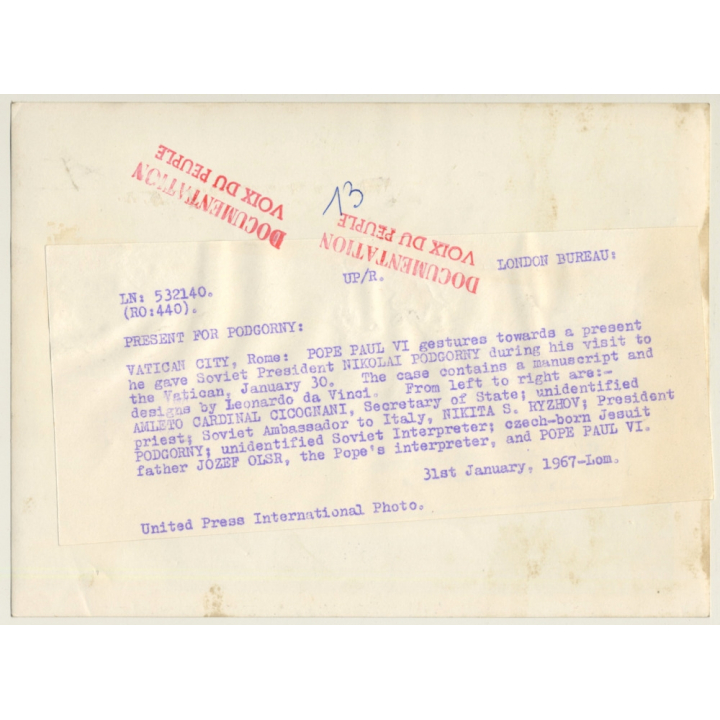 Pope Paul VI & Nikolai Podgorny / Vatican City (Vintage Press Photo 1967)