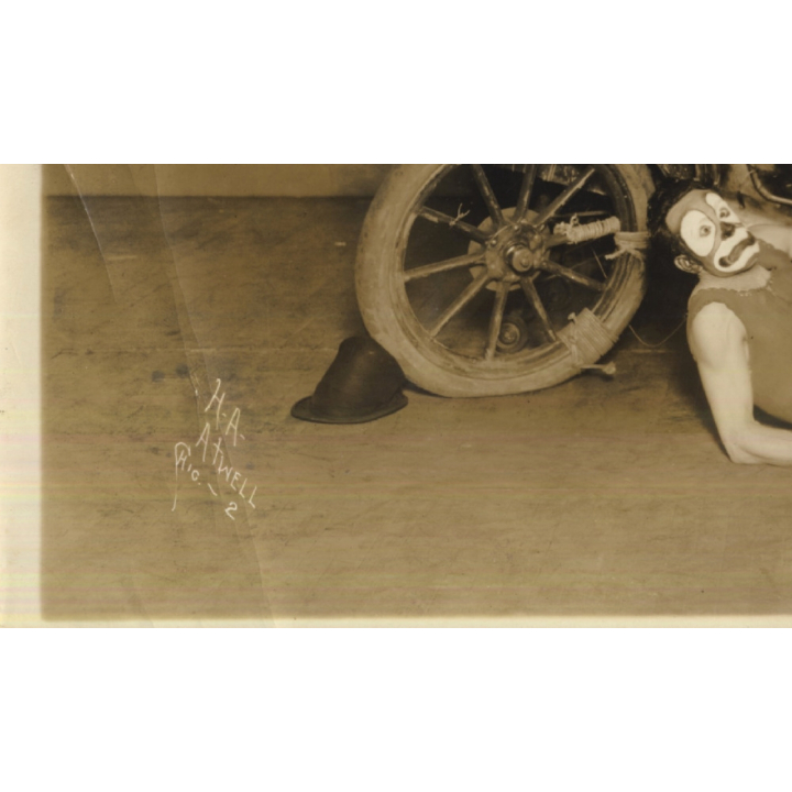H.A. Atwell: Clown In Crashed Oldtimer / Funny - Circus (Large Vintage Photo ~1910s/1920s)