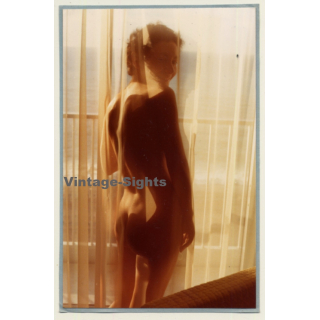 R.Folco: Slim Shorthaired Nude Behind Transparent Curtain (Vintage Photo France 1980s)
