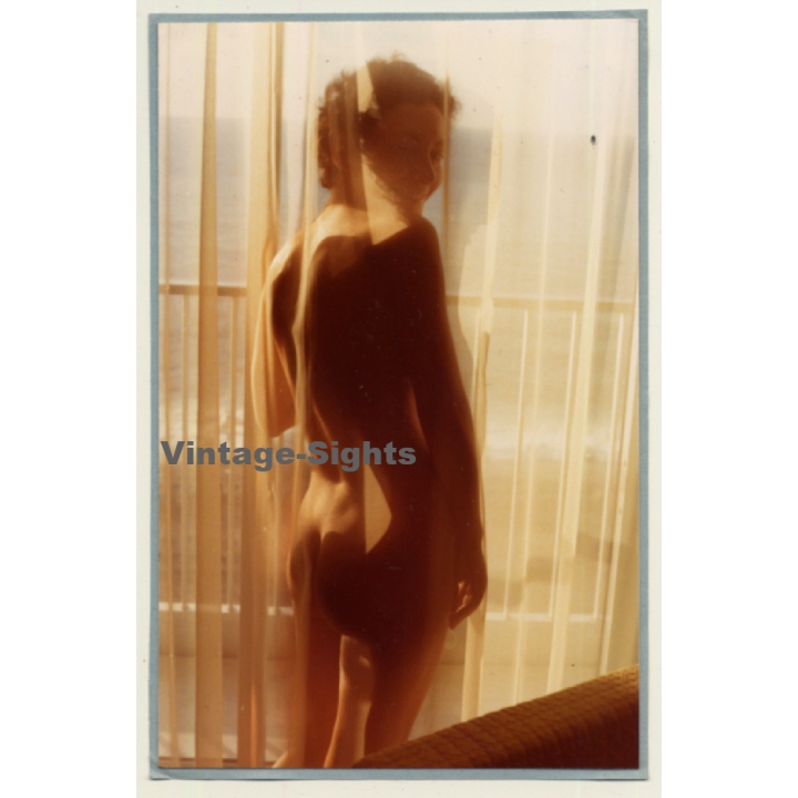 R.Folco: Slim Shorthaired Nude Behind Transparent Curtain (Vintage Photo France 1980s)