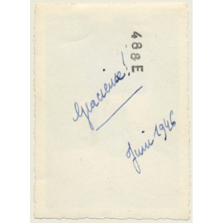 Darkhaired French Beauty Sitting In Courtyard / Dress (Vintage Photo 1946)