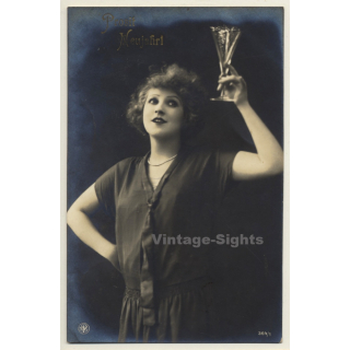 Pretty Female Making A Toast / Prosit Neujahr! (Vintage RPPC 1927)