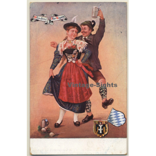 München / Oberbayern: Dirndl - Tracht - Bierkrug - Beer Drinking (Vintage PC 1906)