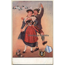 München / Oberbayern: Dirndl - Tracht - Bierkrug - Beer Drinking (Vintage PC 1906)