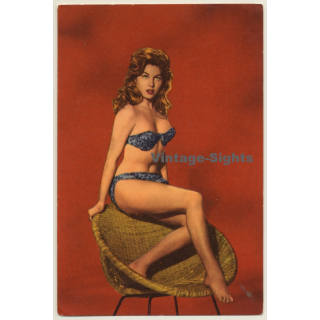 Brunette Pin-up On Designer Rattan Chair / Risqué - Erotica (Vintage PC 1960s)