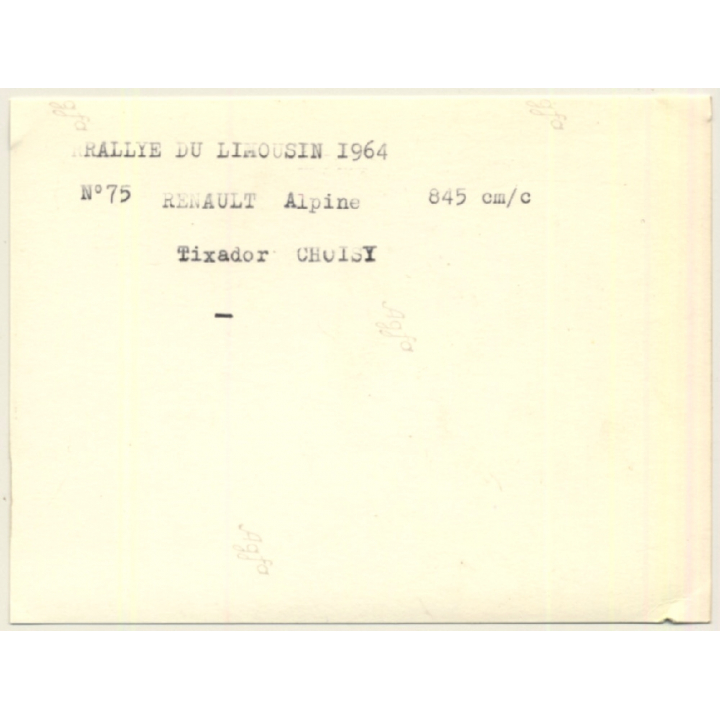 Rallye Du Limousin 1964: N°75 Renault Alpine / Tixador Choisy (Vintage Photo)