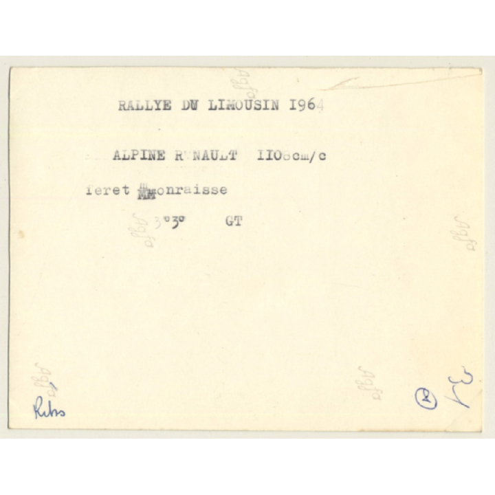 Rallye Du Limousin 1964: N°19 Alpine Renault / Feret - Monraisse (Vintage Photo)