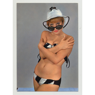 Pretty Woman In Striped Bikini / Sunglasses - Eyes (Vintage Pin-Up PC 1950s)