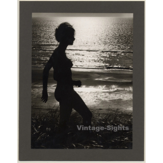 Wolfgang Klein: Woman Walking On Sea Shore / Backlit Shot (Vintage Photo ~1960s)