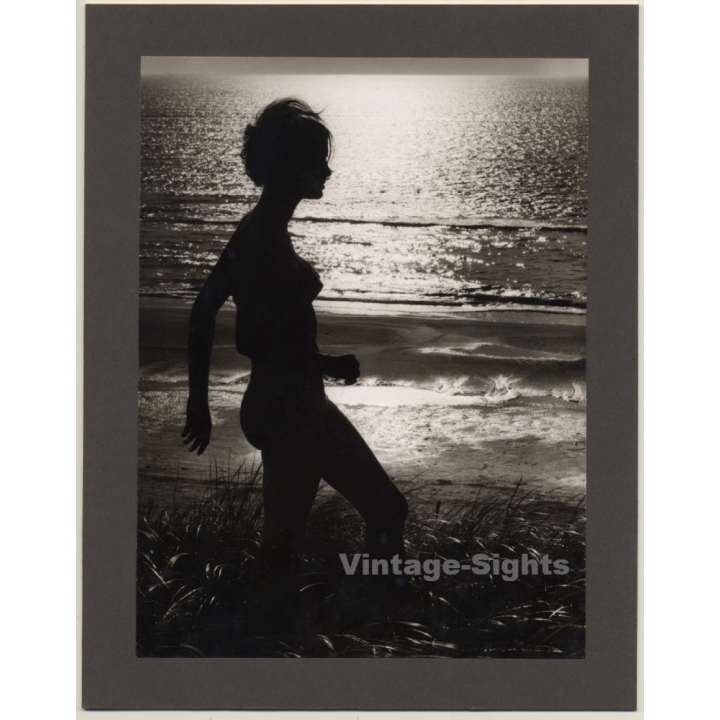 Wolfgang Klein: Woman Walking On Sea Shore / Backlit Shot (Vintage Photo ~1960s)