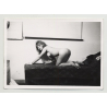 Tiny Nude Kneels On Couch Bed / Small Boobs - Dirty Feet (Vintage Amateur Photo B/W ~1960s)