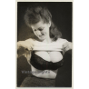 Slim Busty Female Lifts T-Shirt & Shows Big Boobs In Bra (Vintage Photo ~1960s/1970s)