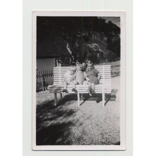 Baby Boy & Little Sister Share Bench With Huge Teddy Bear (Vintage Photo ~1940s)