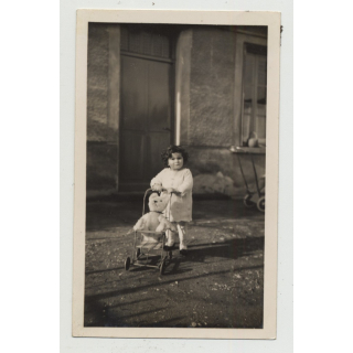 Chubby Baby Girl Pushes Teddy Bear In Pram (Vintage Photo ~1930s)