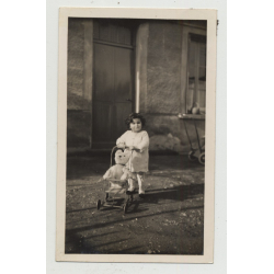 Chubby Baby Girl Pushes Teddy Bear In Pram (Vintage Photo ~1930s)