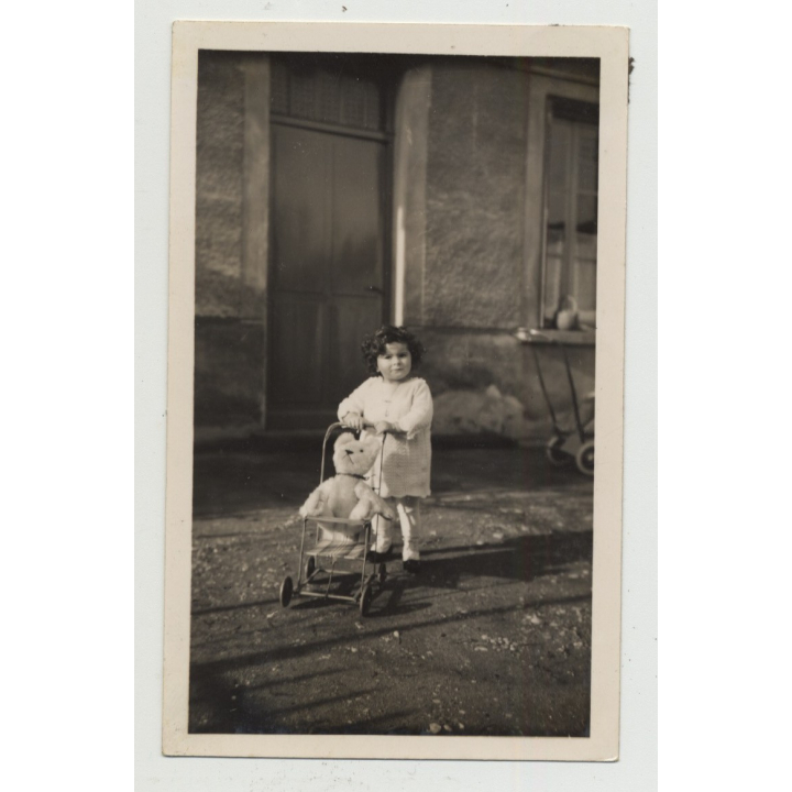 Chubby Baby Girl Pushes Teddy Bear In Pram (Vintage Photo ~1930s)