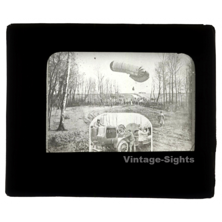 WW1: Airship / Zeppelin Over Military Troops (Vintage Glass Dia Positive 1910s)