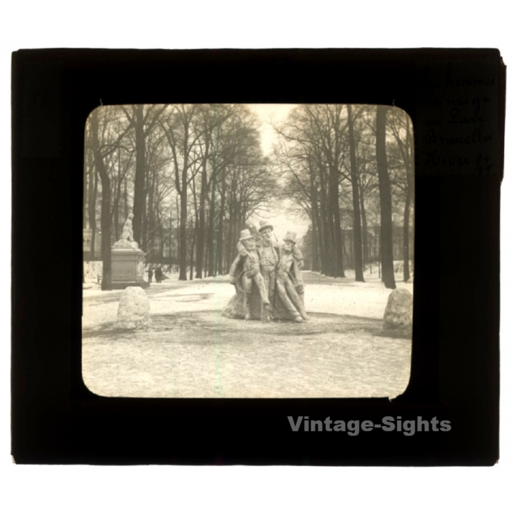 Bruxelles: Hommes De Neiges Au Parc / Snowmen (Vintage Glass Dia Positive 1894)