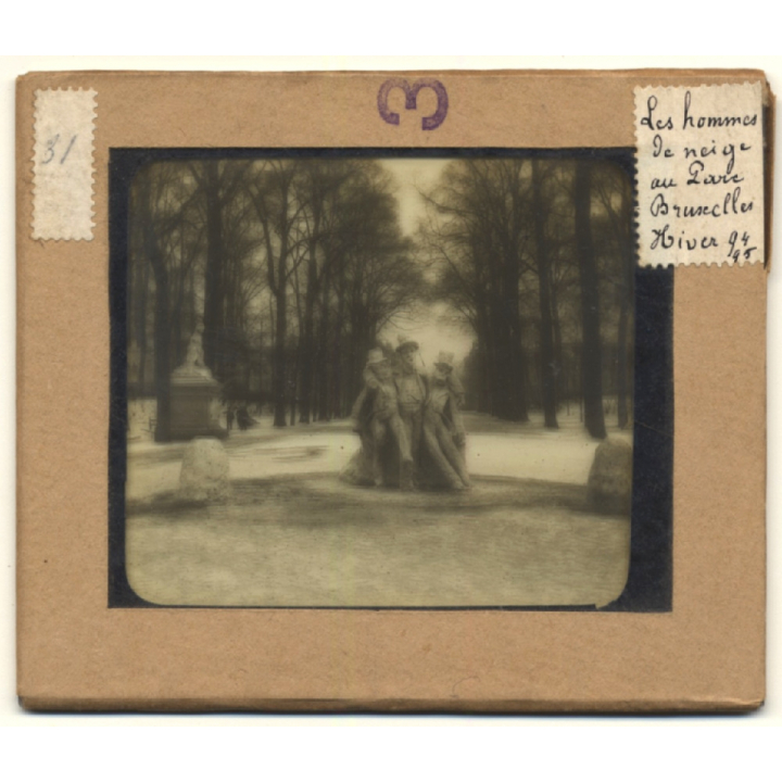 Bruxelles: Hommes De Neiges Au Parc / Snowmen (Vintage Glass Dia Positive 1894)