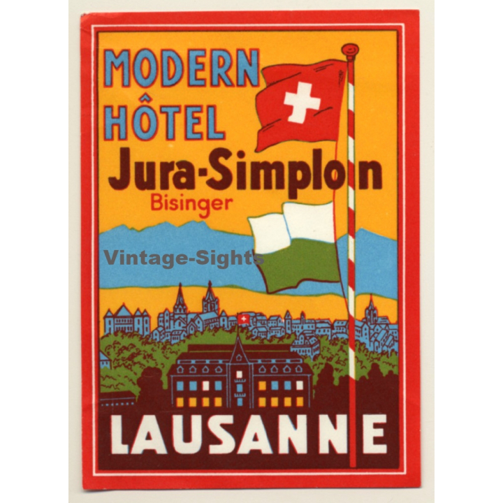 Lausanne / Switzerland: Modern Hotel Jura-Simplon (Vintage Luggage Label ~1950s)